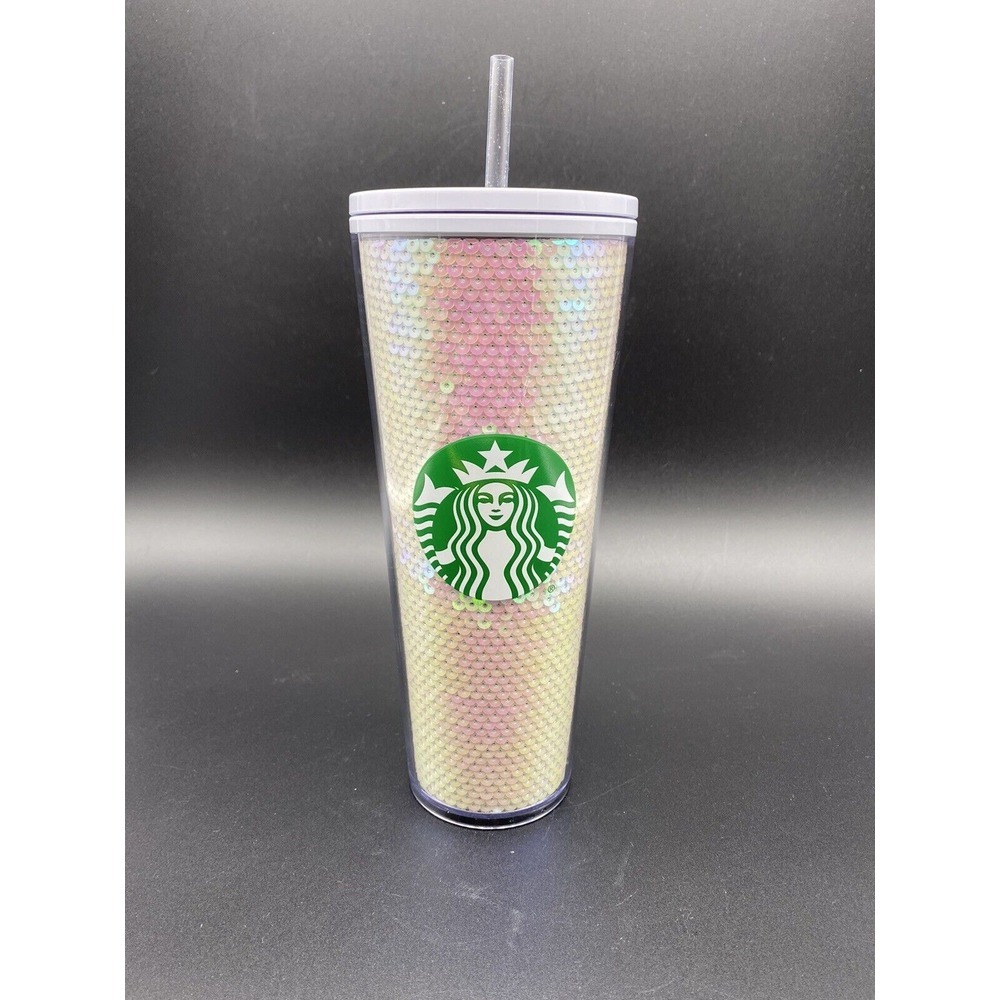 Starbucks 24oz Venti WHITE PINK SEQUIN Cold Cup Tumbler‎ 2020 Holiday Purple Top